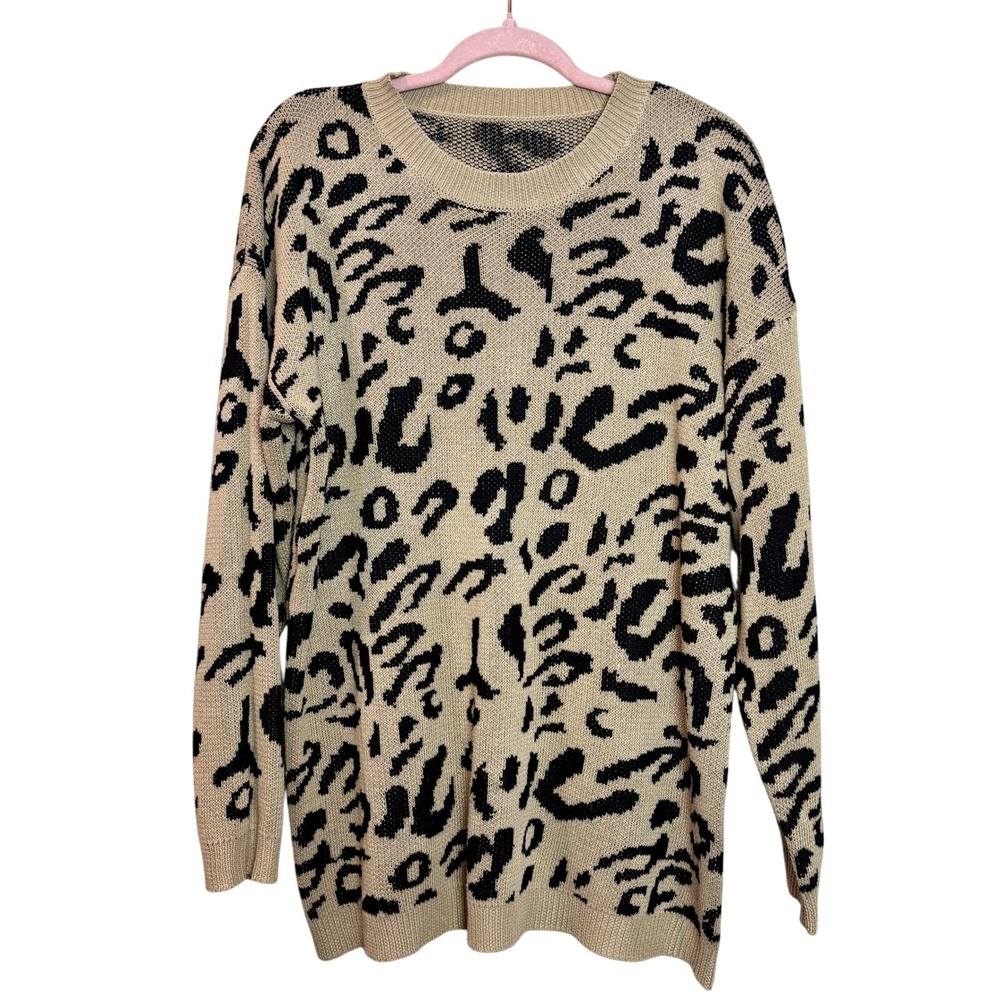 Vestidos Leopard Print Sweater Neutral Beige Knit Pullover Top‎ Large L y2k